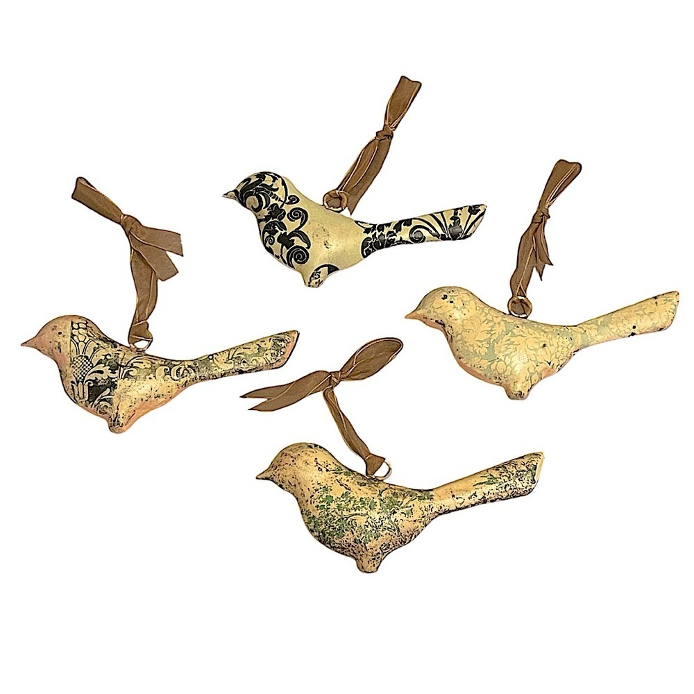 Set of 4 Metal Bird Tree Ornaments Yellow Background Stamped Design Brown Ribbon